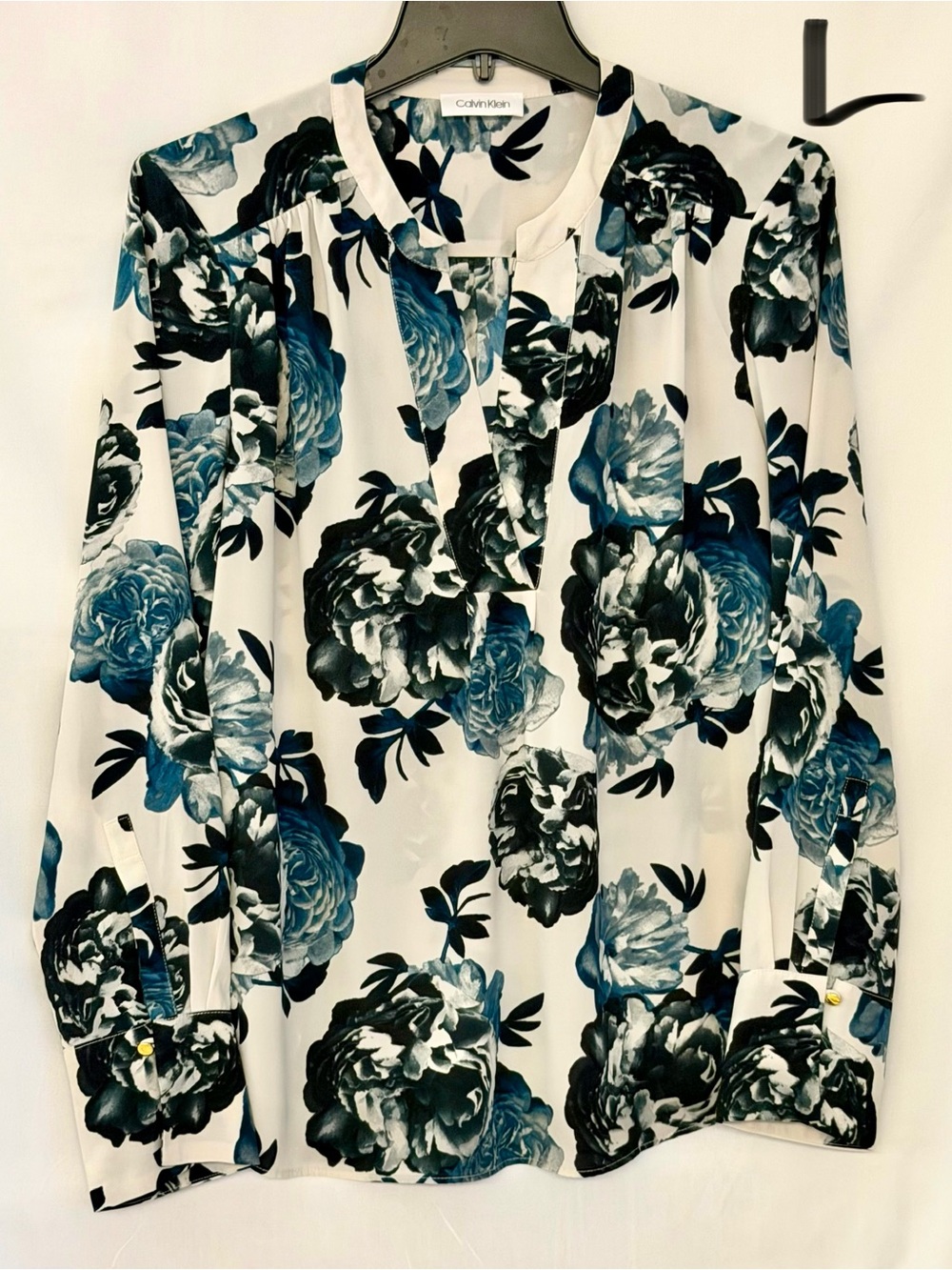 Calvin Klein White Blouse with Blue & Black Floral Pattern
